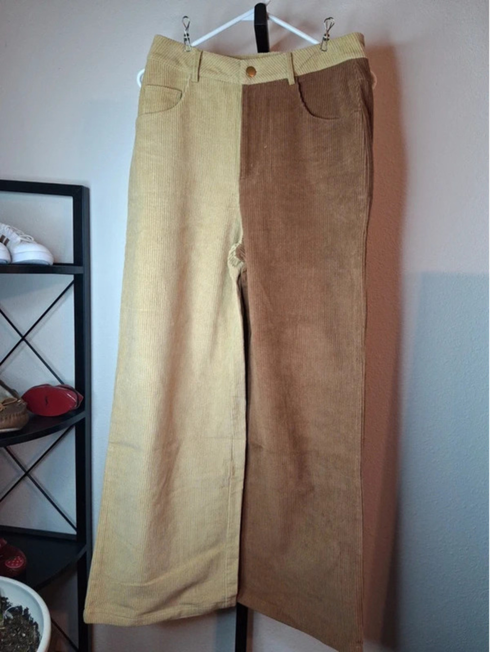 Cider Womens Corduroy Two Tone Tan Brown Khaki High Waist Wide Leg Pants size M